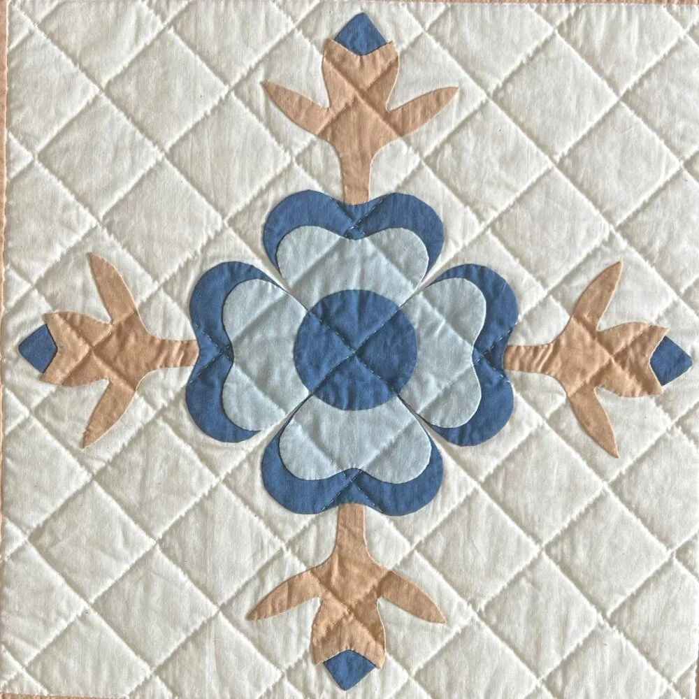 Handmade Hand Stitched Appliqué Quilted Floral Wall Hanging Table Topper Blue